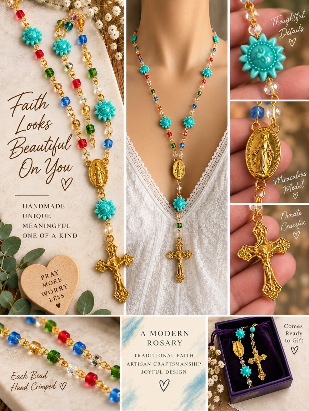 Hand Crafted Turquoise, Red, Blue & Green Rosary Necklace